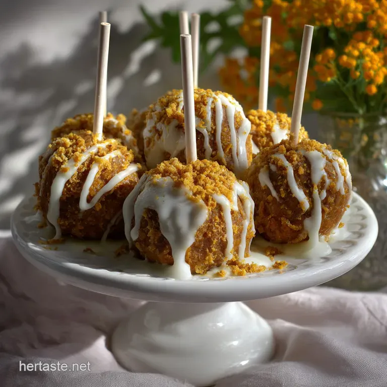 Three pumpkin cake pops artfully displayed on a rustic wooden board. The pops are drizzled with a creamy glaze, garnished ...