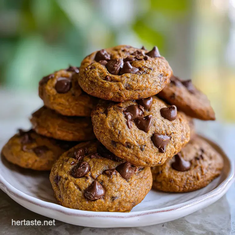 Neatly stacked pumpkin spice chocolate chip cookies on a rustic wooden board. A cozy fall treat with a sprinkling of sugar.