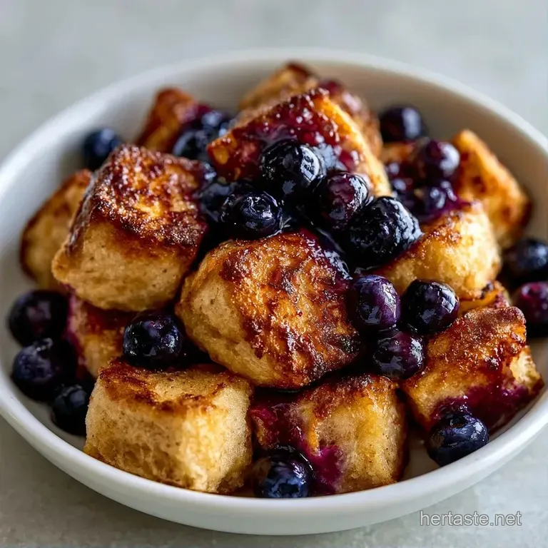 A square slice of warm bread pudding on a white plate, topped with a dollop of cream and fresh blueberries