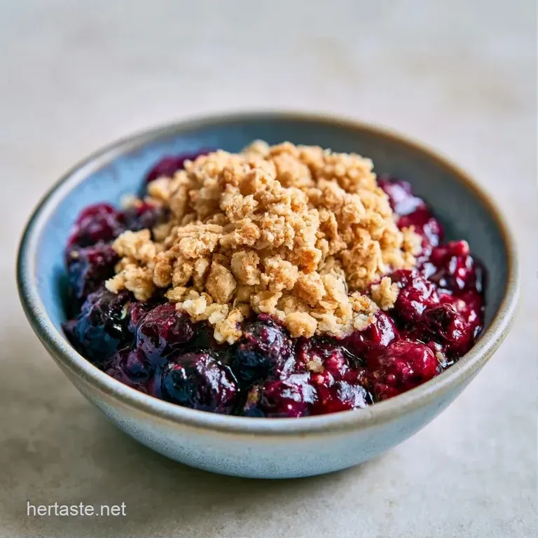 Two ceramic bowls of purple berry crisp topped with a melting scoop of vanilla bean ice cream on a white marble slab.