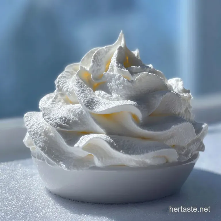 Delicate scoops of white snow cream sit atop a vintage glass, dusted with a sugary snowfall. Cool and creamy perfection.