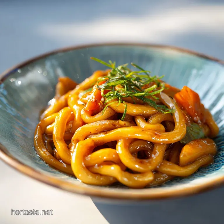 Plated yaki udon with beef, garnished with sesame seeds and scallions. Steam rises gently against a blurred backdrop.