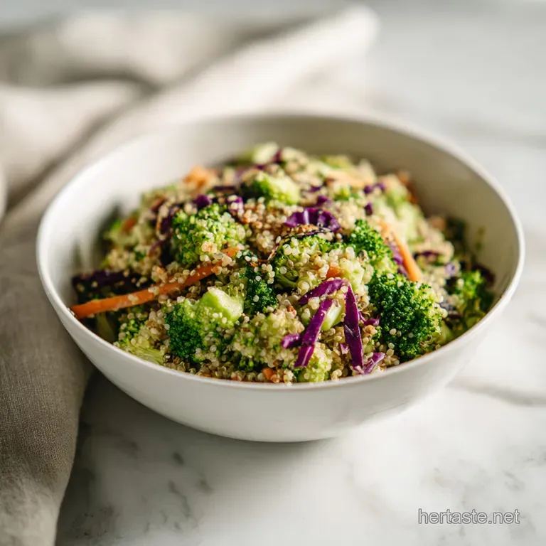 Neatly arranged quinoa slaw. Broccoli, bell peppers, and quinoa form a colorful mosaic, topped with a creamy dressing.