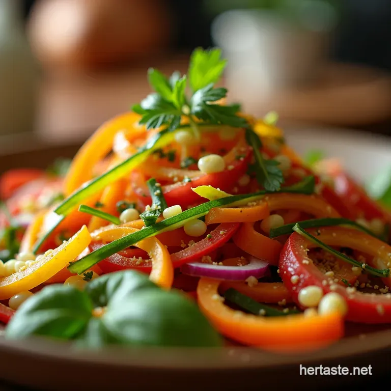 Rainbow Vegetable Ribbon Salad with LemonHerb Vinaigrette presentation