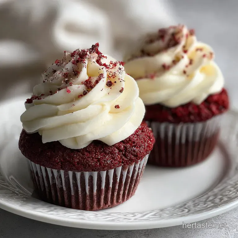 Elegant cupcake on a white plate, showcasing moist red crumb, and delicate tangy frosting with a candied heart.