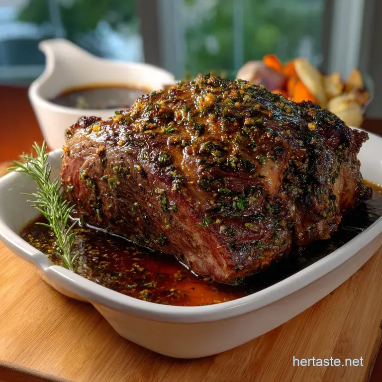 Elegant plate featuring rosy beef, perfectly seared with a caramelized crust. Accompanied by artfully arranged rosemary sp...