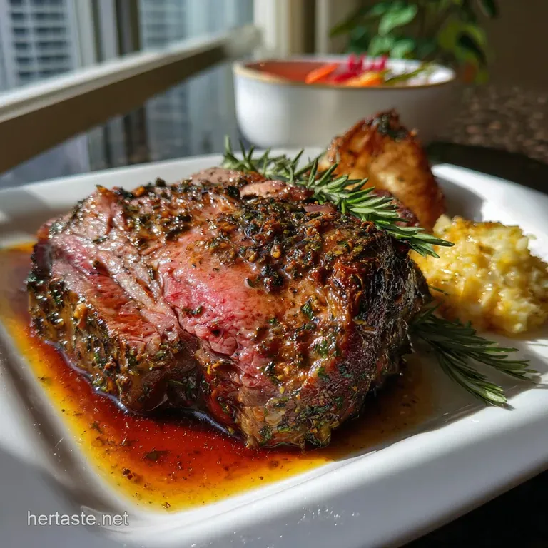 Tender slices of roasted beef fanned on a platter, surrounded by vibrant roasted vegetables. A rich, glossy jus glistens o...
