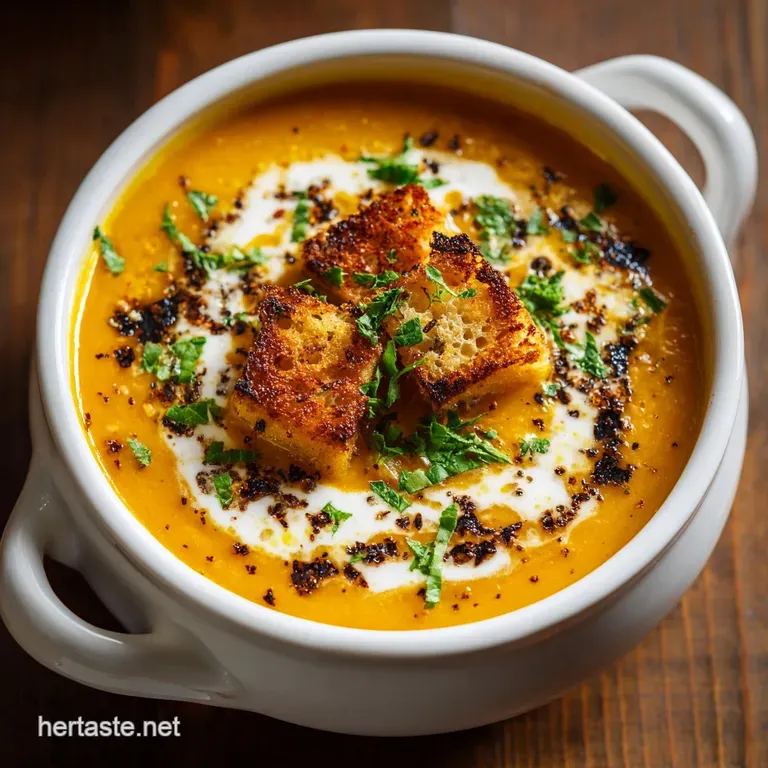 Creamy butternut squash soup in a white bowl, topped with a swirl of cream, pepitas, and fresh herbs, inviting and warm.