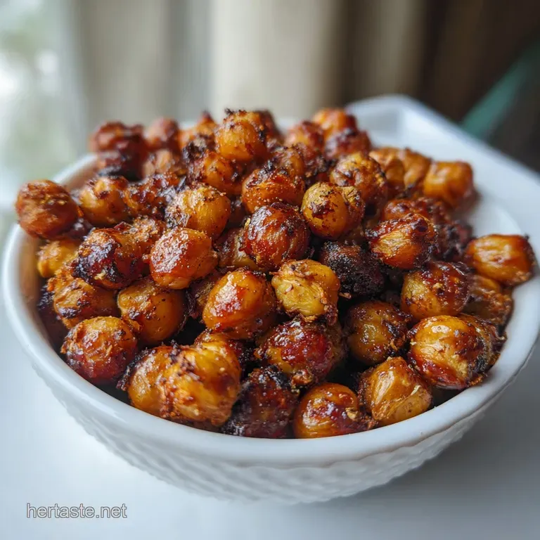 Neatly arranged portion of crunchy roasted chickpeas in a rustic bowl, sprinkled with herbs, conveying a healthy snack.