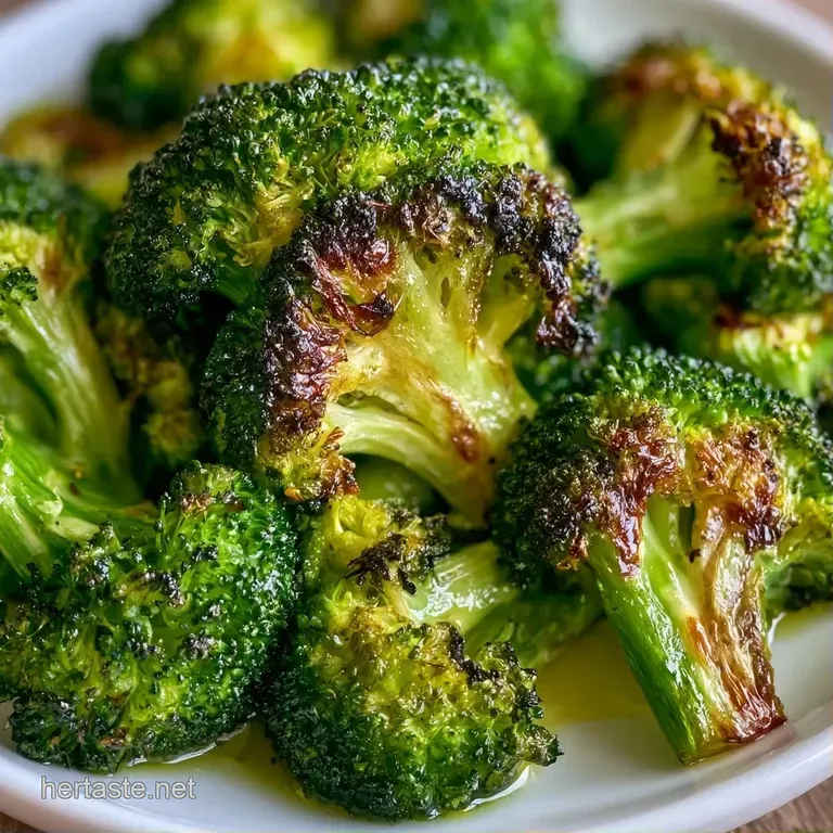 Vibrant green broccoli florets with toasted brown edges arranged neatly on a matte white ceramic platter.