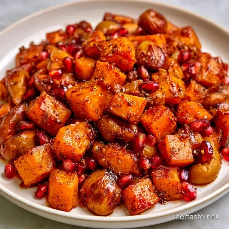 Artfully plated orange squash and earthy brown chestnuts with a drizzle of oil and fresh herbs on a white platter.