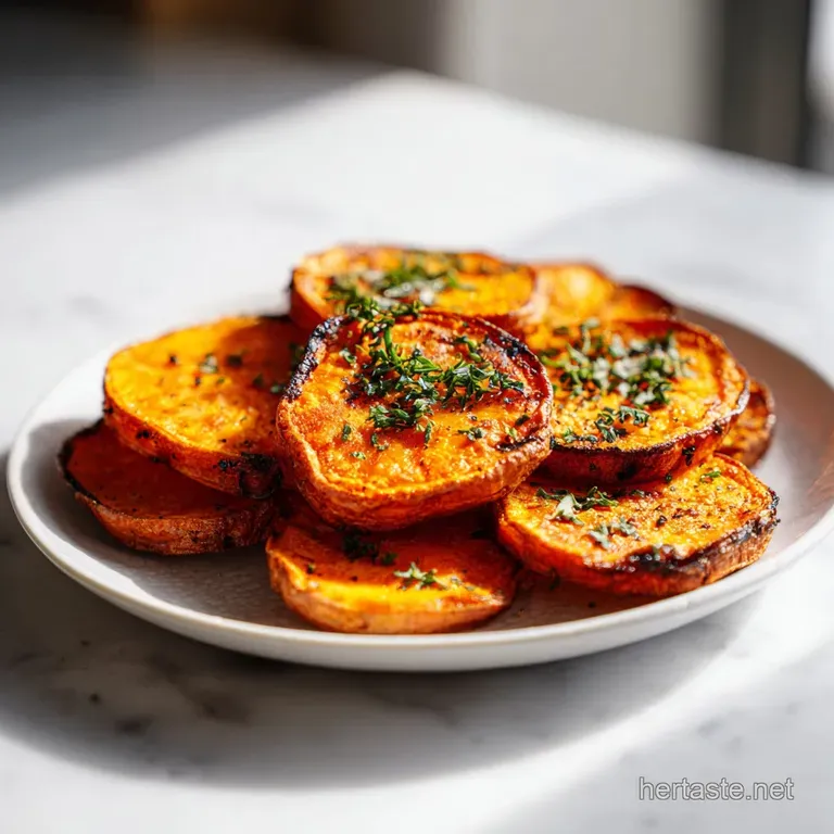 Warm, caramelized sweet potato chunks artfully arranged on a rustic ceramic plate.