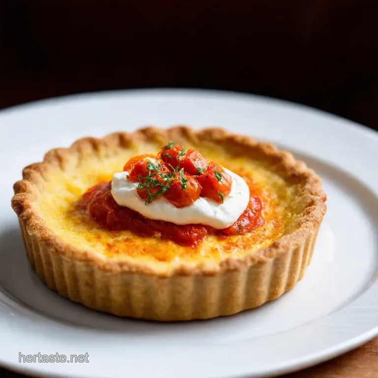 Roasted Tomato Burrata Tart with BasilPesto Drizzle presentation