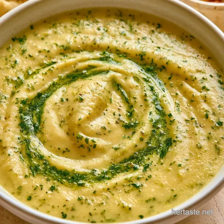A smooth, pale ivory puree in a ceramic bowl served with a side of crusty toasted bread on a linen napkin.