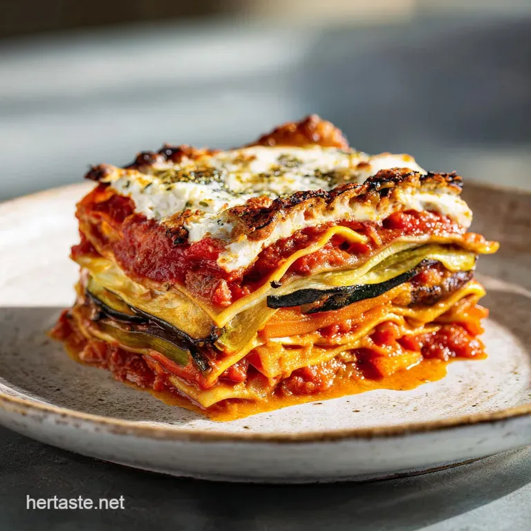 Slice of veggie lasagna with browned, bubbly top, plated with a sprig of basil, hinting at creamy layers and tender vegeta...