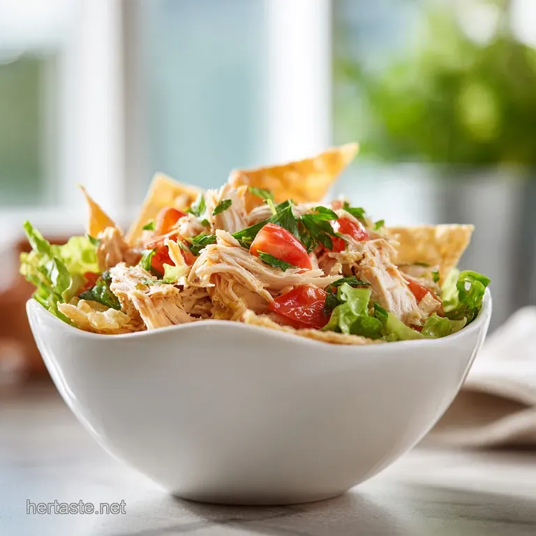 Artfully arranged salad with shredded rotisserie chicken, halved tomatoes, and scattered herbs on a white plate.