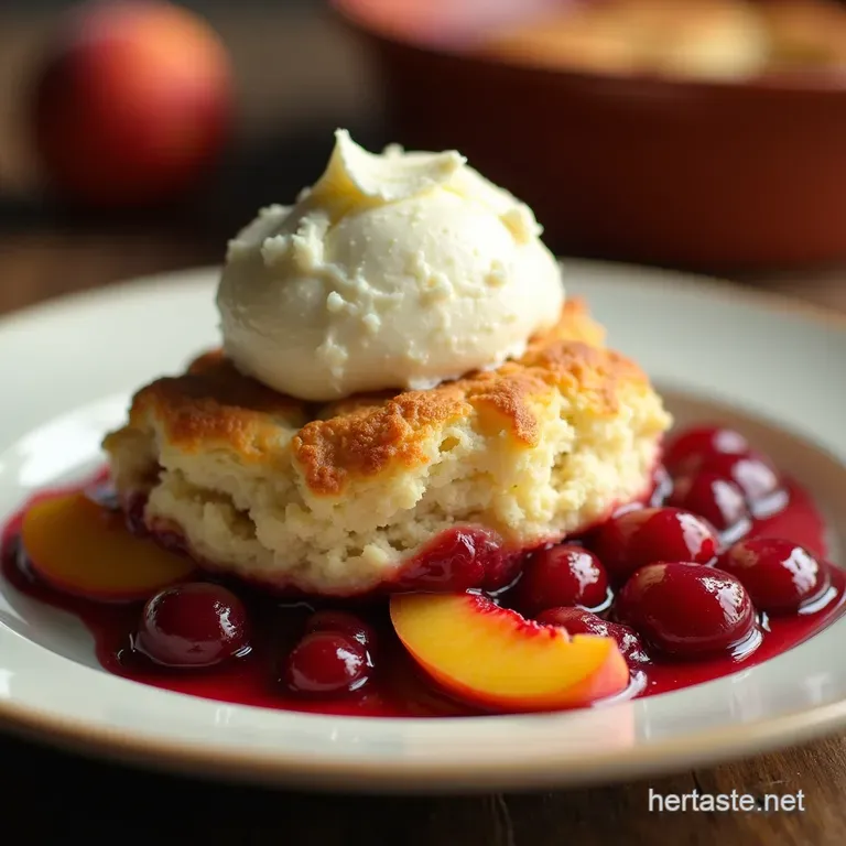 The Summer Sensation Rustic Peach and Cherry Cobbler with Buttermilk Biscuit Clouds presentation