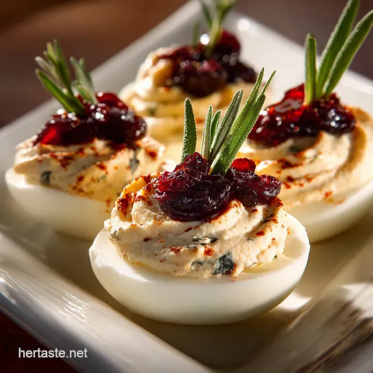 Thanksgiving Appetizer Deviled Eggs: the Gobblers Delight Creamy Sage Cranberry presentation