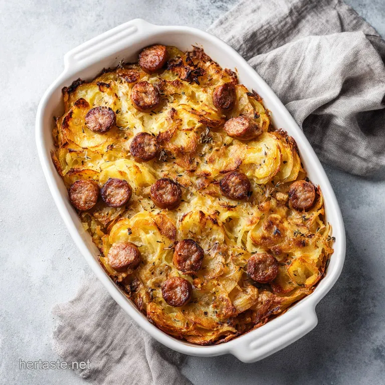 A hearty slice of savory breakfast casserole plated with vibrant green chives and a side of fresh fruit.