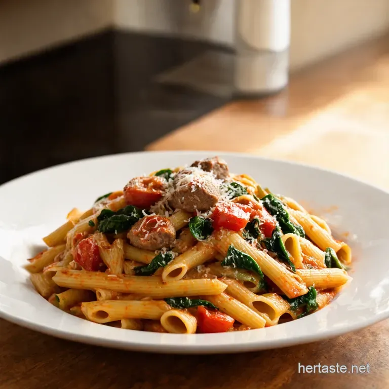 Sausage Spinach Pasta in a TomatoParmesan Hug presentation