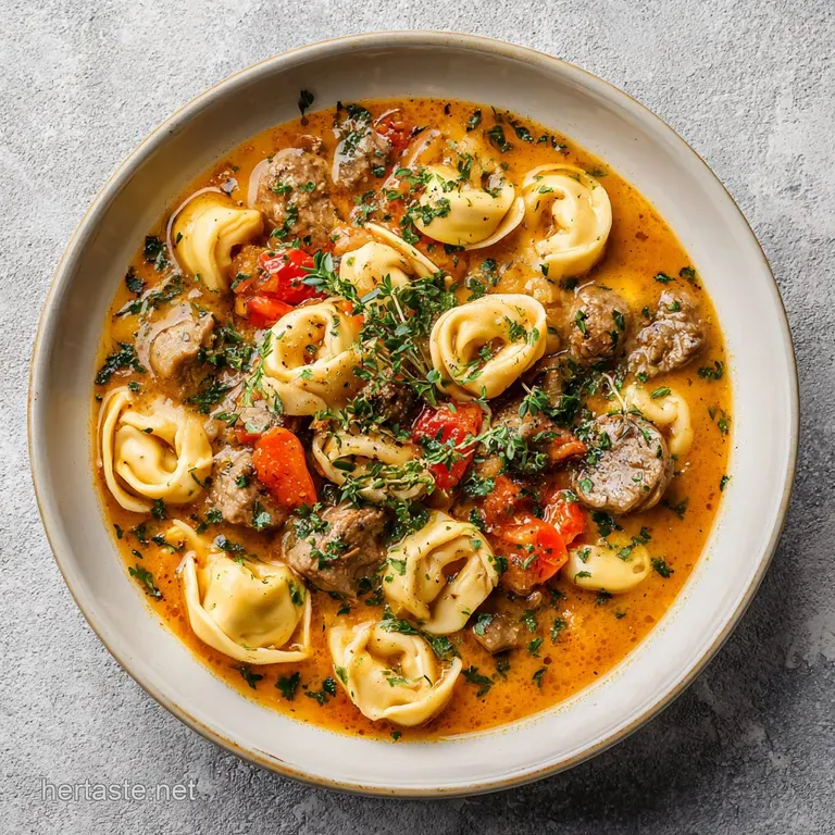 A rustic bowl overflowing with tortellini and sausage in a luscious, creamy soup, sprinkled with parsley.