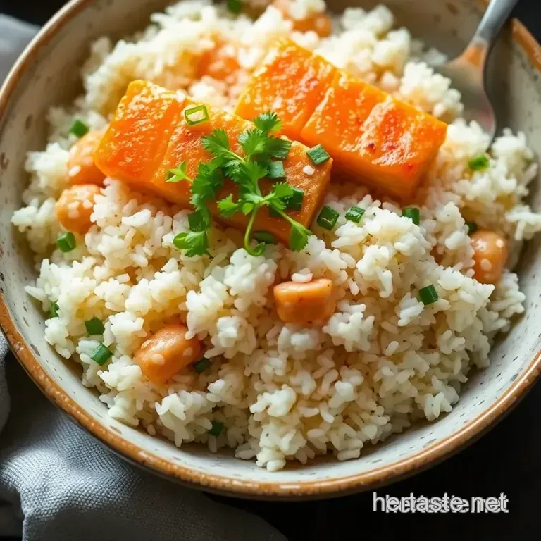 Savory Salmon Rice Bowl with Fresh Veggies and a Zesty Ginger Soy Drizzle presentation