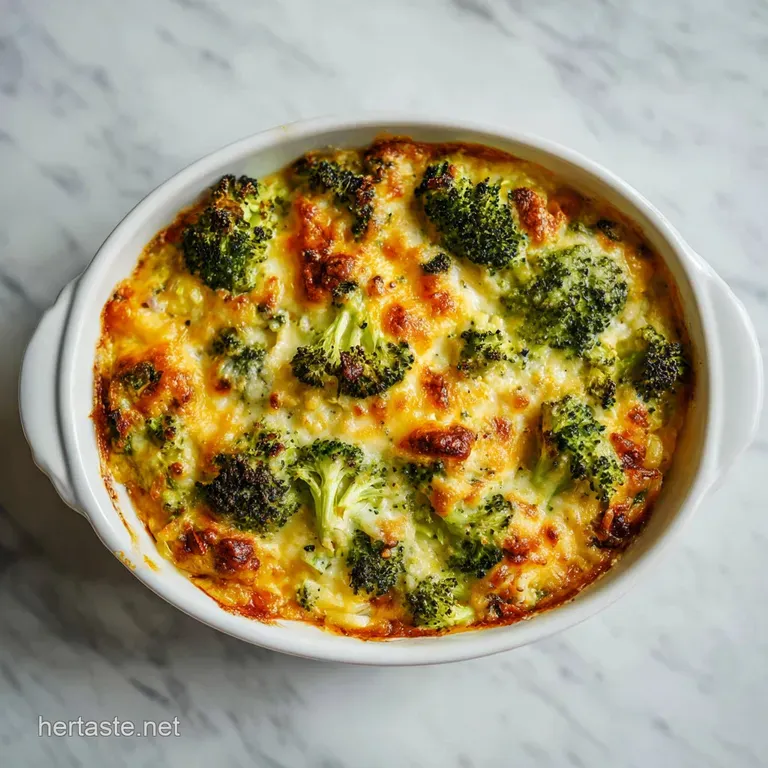 A generous scoop of cheesy broccoli rice casserole served in a rustic bowl, garnished with fresh herbs.