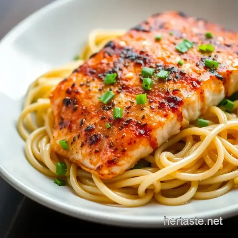 Sear Salmon in Lemongrass with Noodles presentation