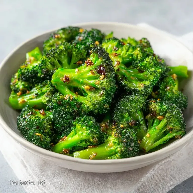 Bright green roasted broccoli florets served in a white bowl with a sprinkle of flaky salt and red pepper flakes.