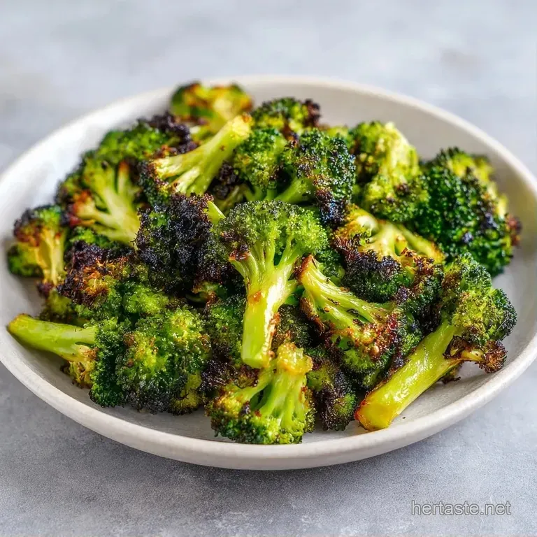Charred green broccoli florets neatly piled on a white ceramic plate with a sprinkle of red pepper flakes.