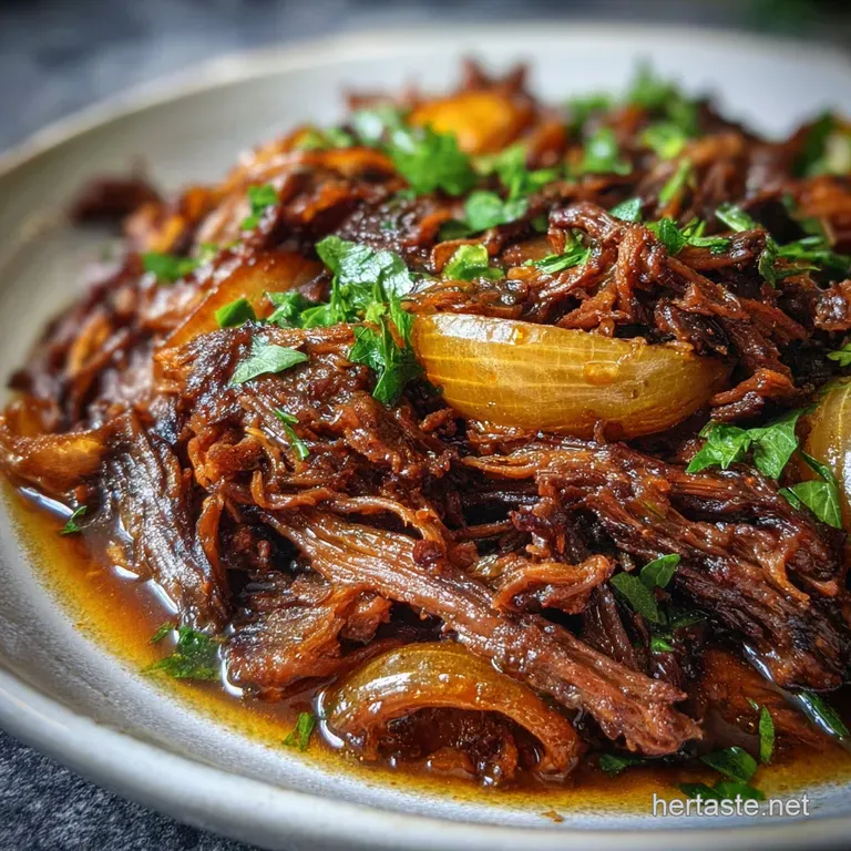 Close-up of plated shredded beef, piled high and topped with fresh green scallions, creating an inviting and delicious meal.