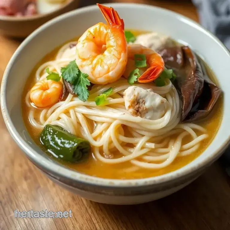 Simmered Noodles with Shrimp & Chicken Delight presentation