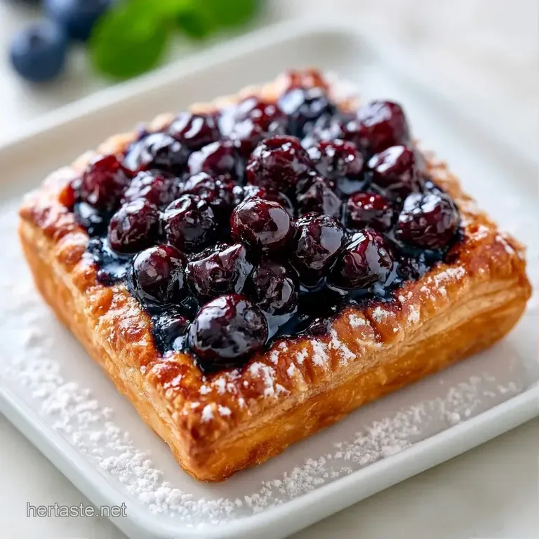 A square of purple berry dessert dusted with powdered sugar on a white ceramic plate with a fresh mint leaf.