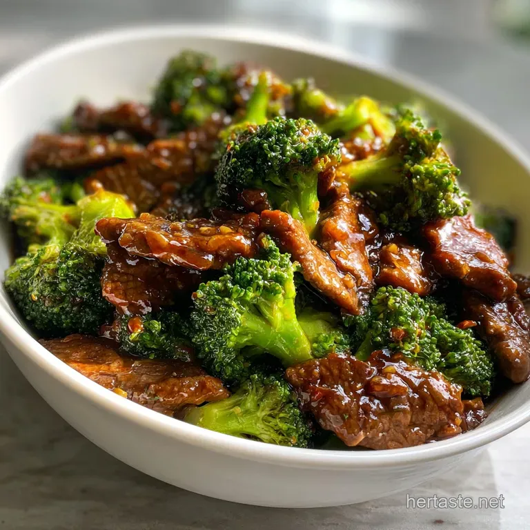 Steaming pile of tender beef and broccoli, drizzled with glistening sauce, artfully arranged on a white plate with sesame ...