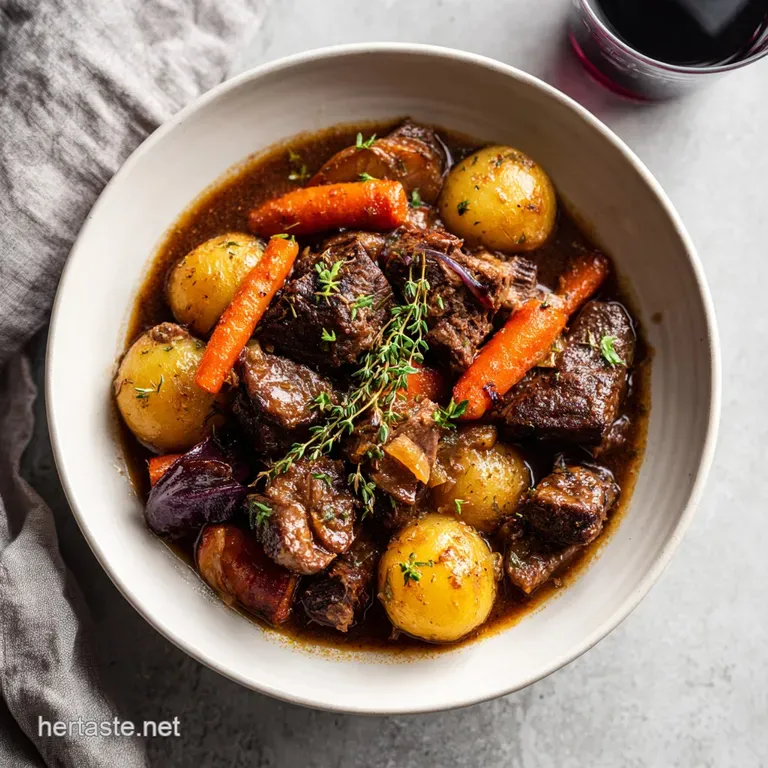 Hearty beef stew served in a rustic ceramic bowl, topped with fresh parsley and crusty bread.