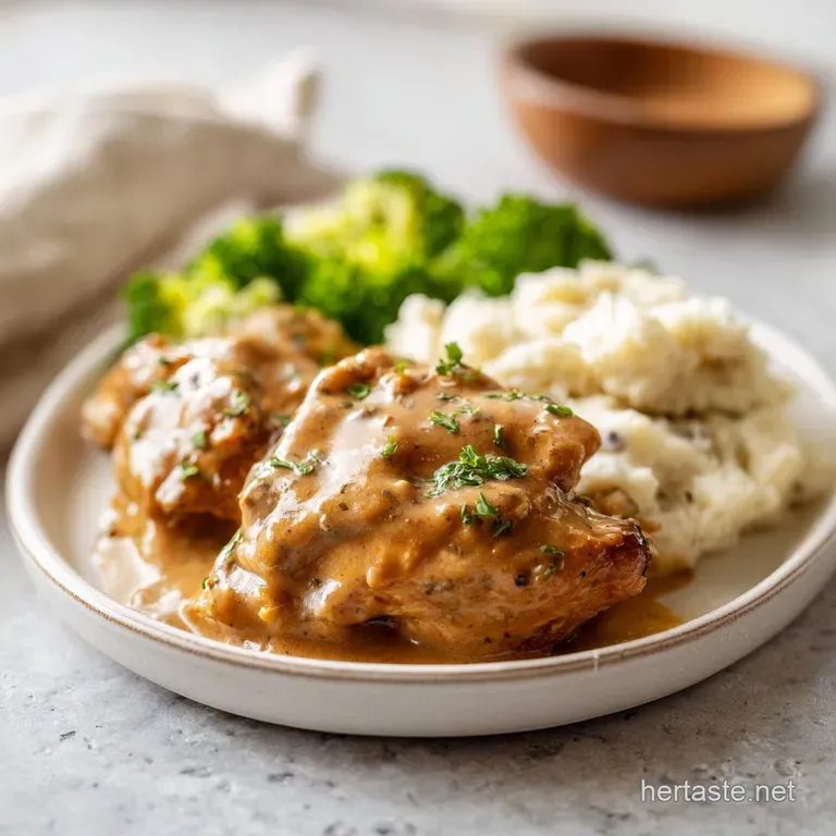 Succulent chicken and glossy gravy artfully plated with a sprinkle of fresh herbs.