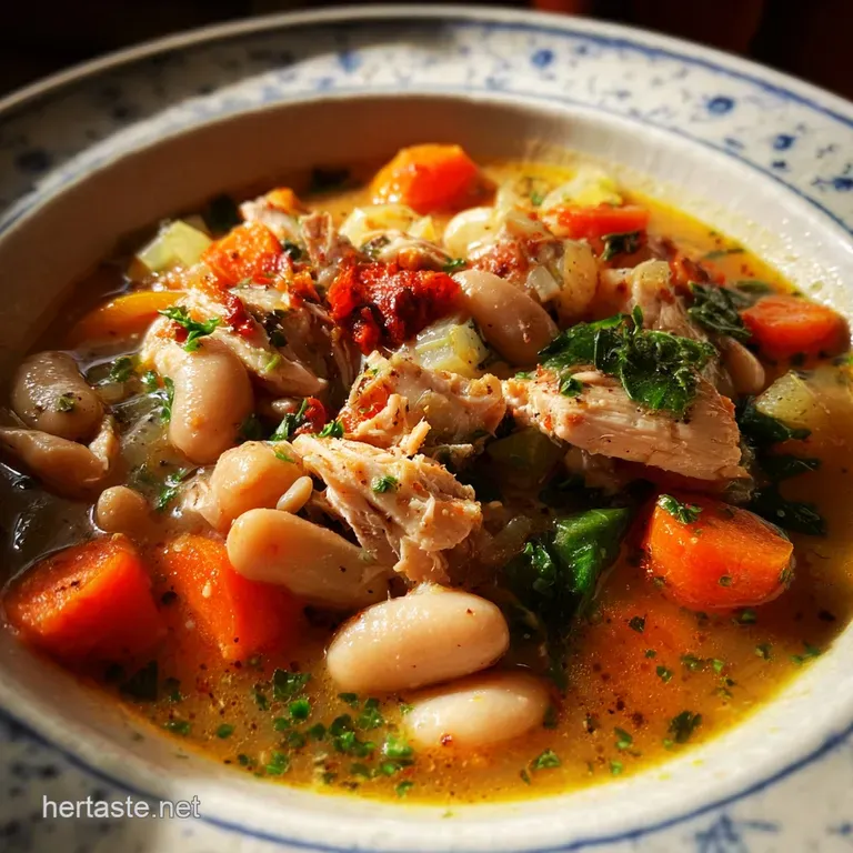 Elegant white bowl filled with slow-cooked turkey and beans, glistening with savory juices and topped with fresh cilantro ...