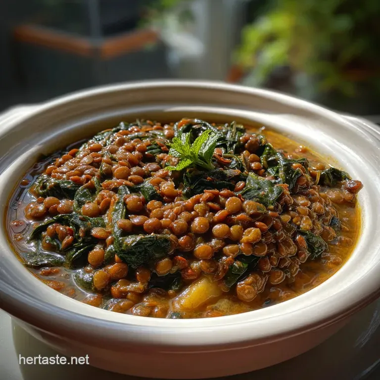 Artfully plated slow-cooked lentils and spinach. A swirl of creamy texture and deep color contrast from the bowl, ready to...
