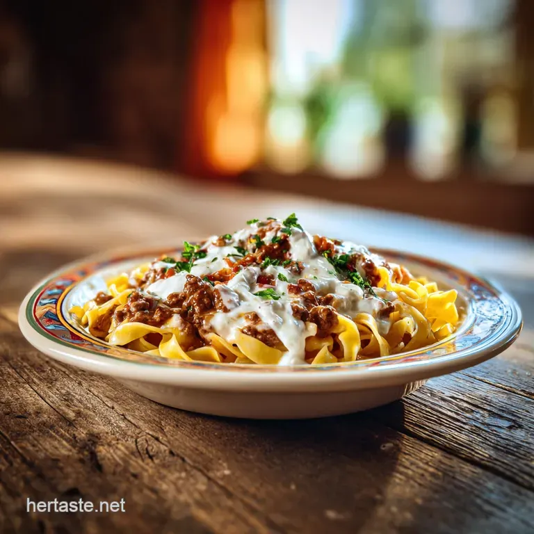 Creamy beef noodle casserole, artfully plated. Topped with fresh herbs, the rich sauce glistens invitingly on a white plate.