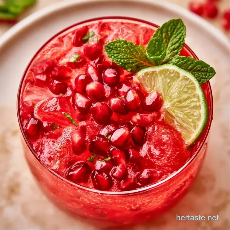 Vibrant ruby red bubbly drink in a chilled glass, garnished with mint leaves on a clean white marble surface.