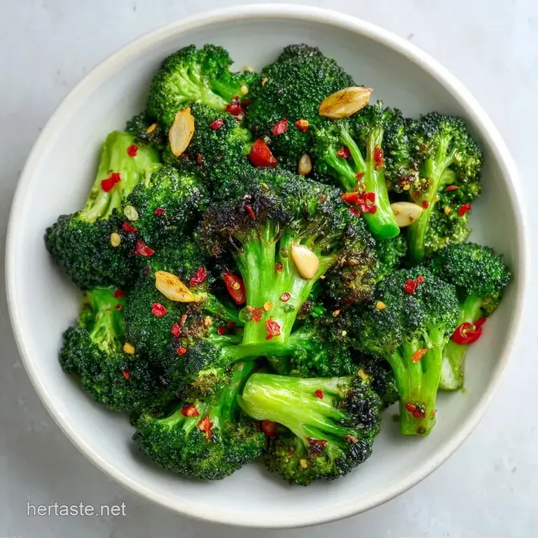 Roasted green florets with charred tips piled high on a matte ceramic plate, sprinkled with red pepper flakes.
