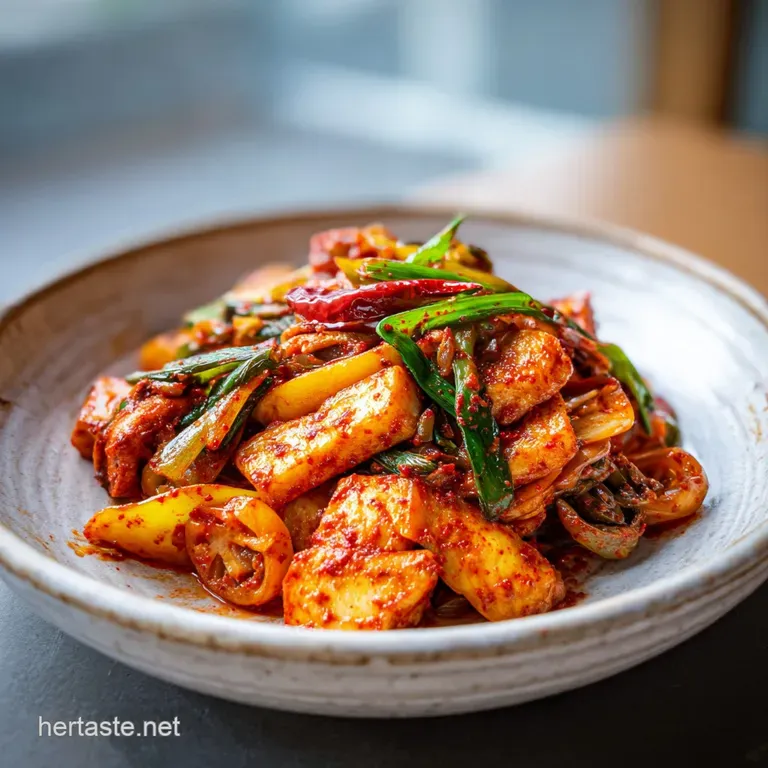Glossy, fiery-red chicken and crisp-tender vegetables artfully arranged over steamed rice, garnished with green onions.