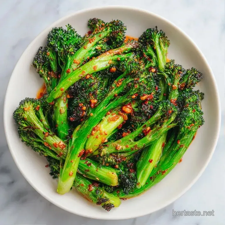 Charred green florets piled high on a matte black plate, accented by bright red pepper flakes and olive oil.
