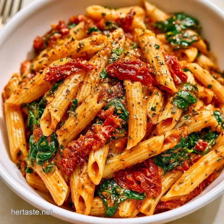 Sophisticated plating of creamy noodles with bright red sun-dried tomatoes and deep green spinach on a white dish.