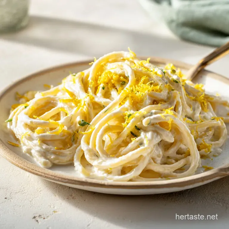 Twirled pasta nests in a white ceramic bowl, topped with delicate shaved parmesan and bright yellow lemon peels.