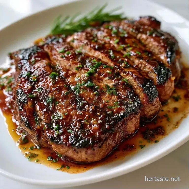 Perfectly seared steak slices resting on a bed of roasted summer vegetables on a minimalist white ceramic plate.