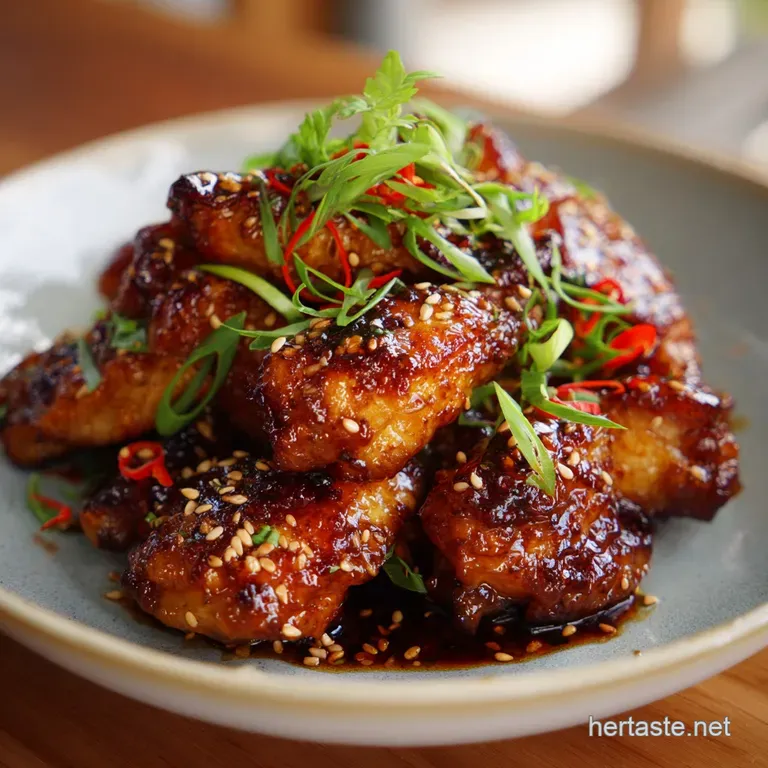 Pile of sticky wings on a white plate. Garnished with bright green scallions and sesame seeds. Sweet & Savory perfection!