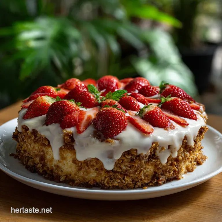 Slice of strawberry crunch cake on a white plate. Flaky topping contrasts with the soft pink frosting and berry pieces.