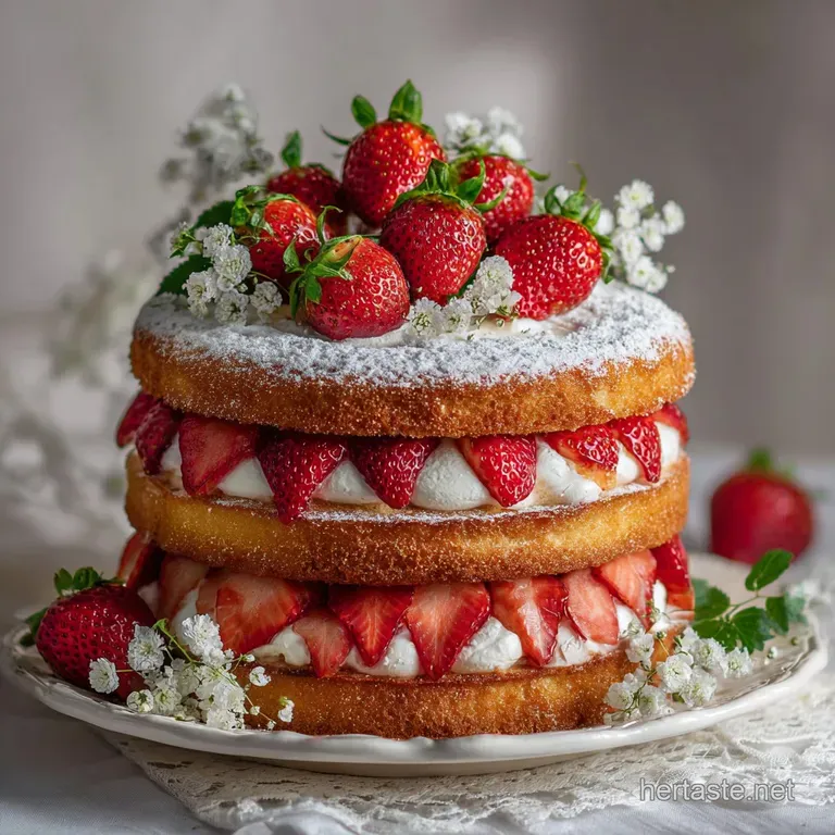 Slice of layered cake with strawberries and a dollop of cream, sits on a patterned plate, light catching the creamy texture.