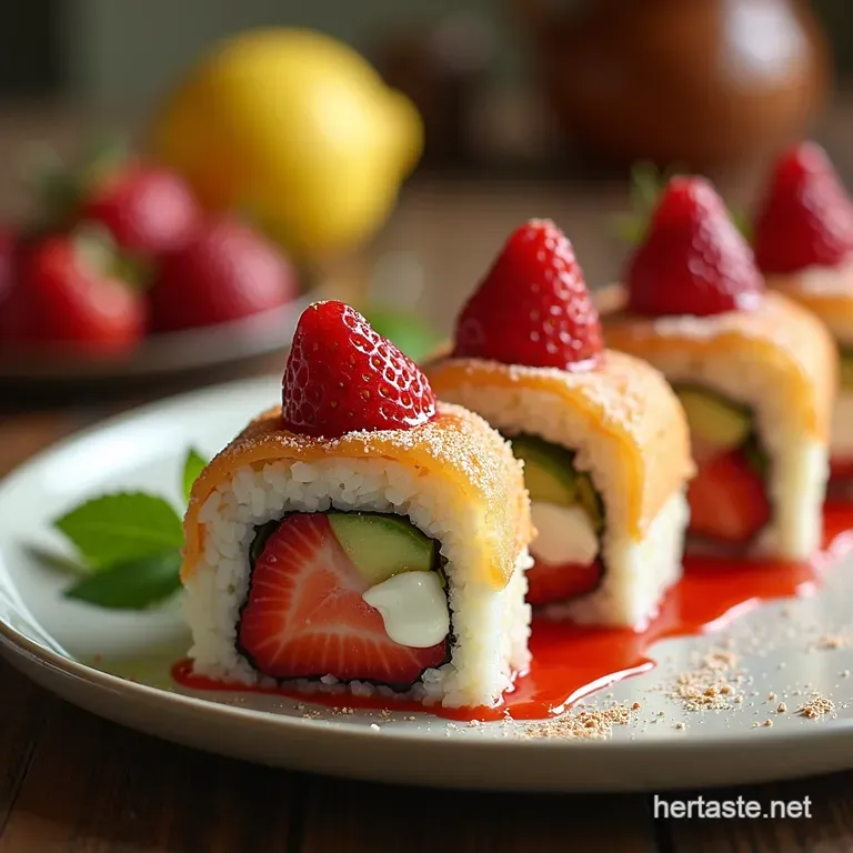 Deconstructed Delight Sweet Strawberry Shortcake Sushi Rolls with Lemon Crème Fraîche presentation